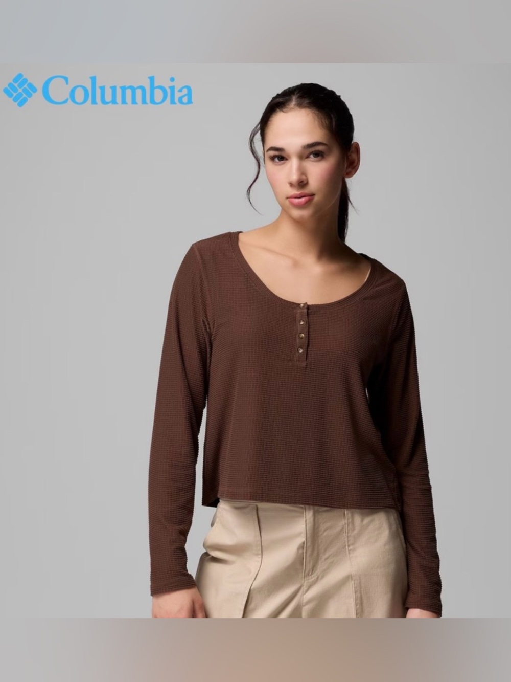 Columbia Brown Waffle Henley Long Sleeve Top